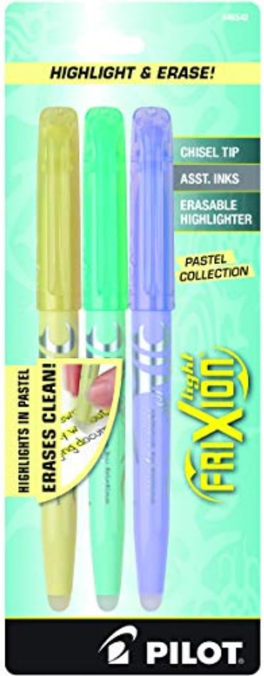 Pilot, FriXion Light Pastel Erasable Highlighters, Chisel Tip, Pack of 3, Pastel Yellow, Green & Purple