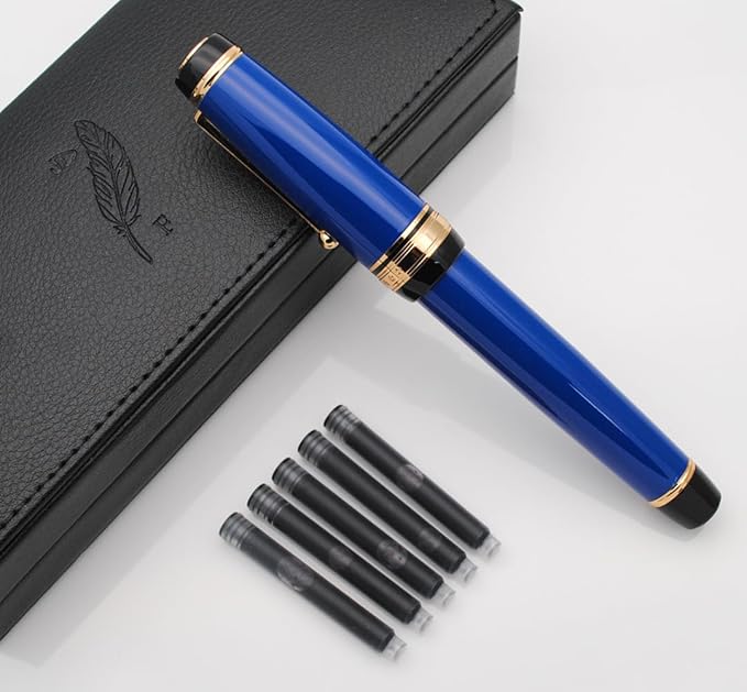 Metal Big Fountain Pen Set Medium Nib 0.7mm, Includes Ink Refill Converter, 5 Ink Cartridges & Gift Box (Medium Nib 0.7mm, Blue)