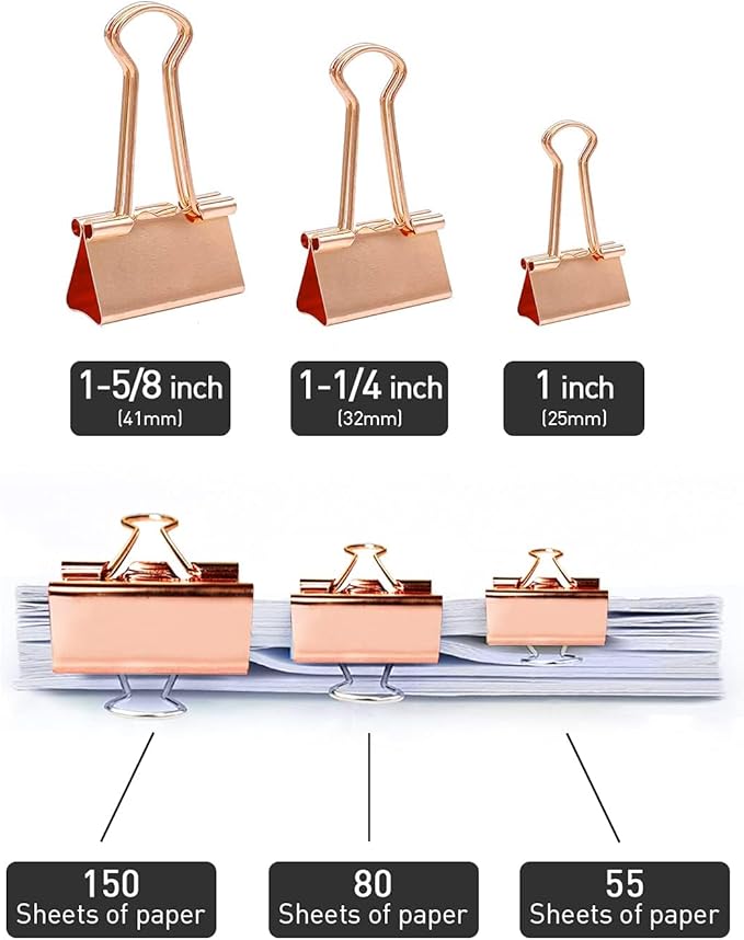 Large Rose Gold Binder Clips 1.6 inch 24 pcs, Capacity 0.66 Inch 41 mm fold Clips, Large Binder Clips, Paper Binder Clips, Large Paper Clips, Office Clips, Great Binder Clips