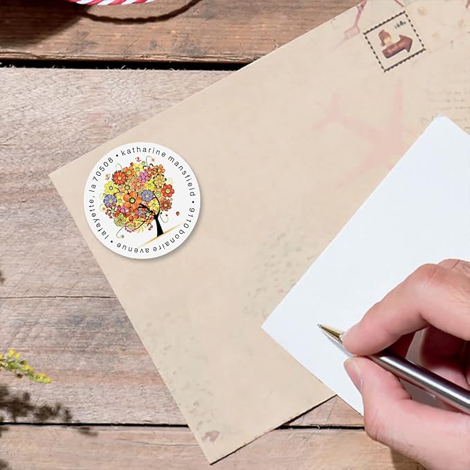 Colorful Images Blooming Tree Floral Return Address Mailing Labels, Personalize with Name & Address, Set of 144 Self Adhesive, Easy Peel Flat Label Sheets, Round, 1 Design