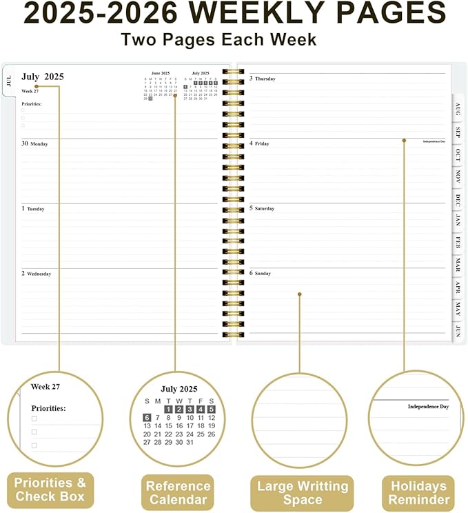Planner 2025-2026 - Weekly & Monthly Planner from July 2025 to June 2026, Agenda 2025 2026 with Inner Pocket, Elastic Band, 8.5" x 11", Green Gold Leaf