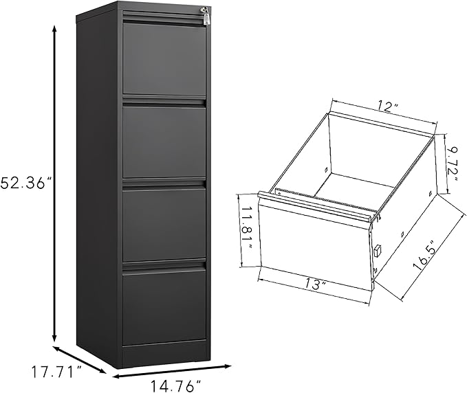 4 Drawer File Cabinet with Lock, Vertical File Cabinets for Home Office, Metal Filing Cabinets, Heavy Duty Steel Lockable Filing Storage Cabinet for Letter/Legal/A4/F4 Size Files, Black