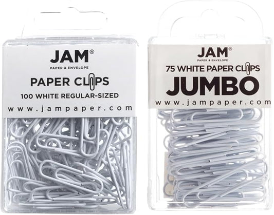 JAM PAPER Combo Pack Colorful Paper Clips - Standard & Jumbo - White Paperclips - 1 Pack of 100 & 1 Pack of 75