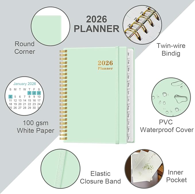 2026 Planner - Weekly and Monthly Calendar Planner from Jan 2026 - Dec 2026, Planner 2026 Spiral Bound with 12 Monthly Tabs, Inner Pocket, Perfect for School Office Supplies, 6.4" x 8.5", Mint