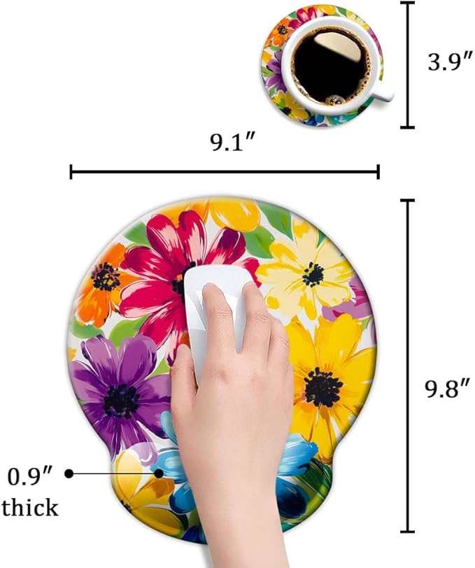 Ergonomic Mouse Pad with Wrist Support,Mouse Pad with Wrist Rest and Coaster Set,Office Supplies Non-Slip Mouse Pads for Desk, Non-Slip Comfortable,Colorful Floral