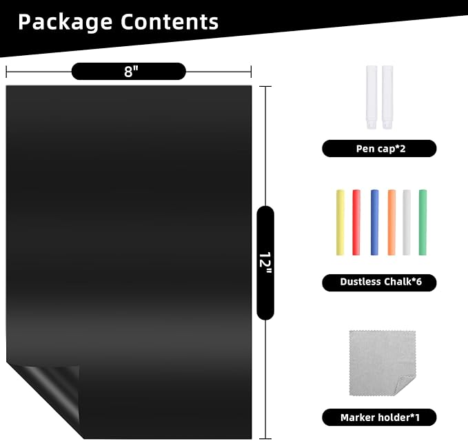 Magnetic Black Dry Erase Board for Refrigerator 2pack, 8" x 12"Chalk Board Contact Paper Decal for School, Office, Kitchen Fridge, Kids Drawing with Dustless Chalk, Holder and Magnets