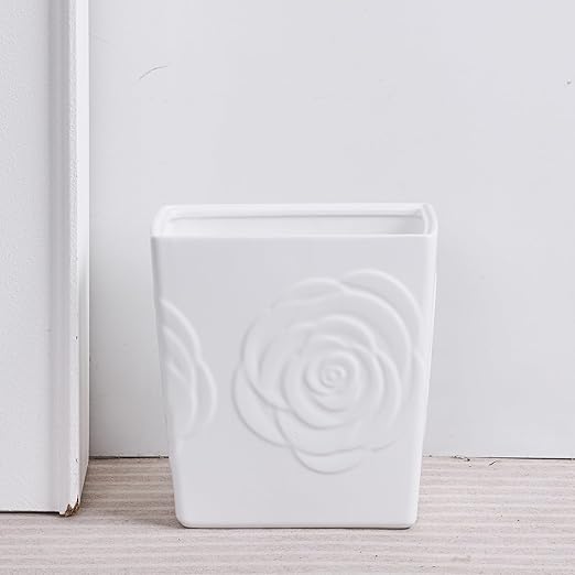 White Ceramic Rose Small Bathroom Trash Can 2.5 Gal (9 Liter), Heavy Small Kitchen Garbage Bin, Living Room Bedroom Corner Trash Can, Decorative Wastebasket for Outdoor Garden, Home Office,Hotel Motel