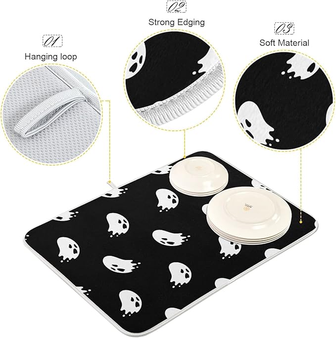 Halloween Spooky Ghost Dish Drying Mat for Kitchen Counter 18 x 24 Inch Absorbent Microfiber Dry Dishes Mats Drainer Mat Dish Drying Pad for Countertops Decor