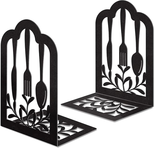 Book Ends,Metal Bookend,Bookend Decorative Heavy Book Ends for Shelves, Home Decorative Bookends for Heavy Books,Non-Skid Black Book Holder for Kitchen Housewarming Cooking Lover Gifts