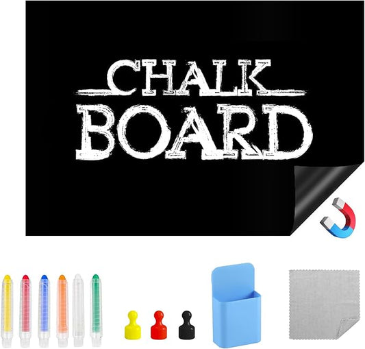 Magnetic Black Dry Erase Board for Refrigerator, 24" x 39"Chalk Board Contact Paper Decal for School, Office, Kitchen Fridge, Kids Drawing with Dustless Chalk, Holder and Magnets