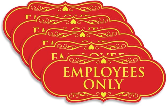 Designer EMPLOYEES ONLY Sign | Easy Installation | Office or Business Signs | Workplace Safety - Red/Yellow - Large (5 Pack)