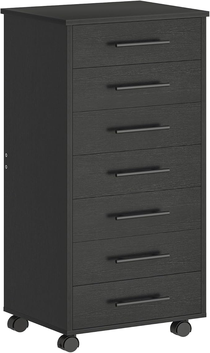 HOOBRO 7-Drawer File Cabinet, Wooden Office Cabinet with Drawers, Mobile Storage Cabinet, for Home Office, Study, Easy Assembly, Black BK07WJ01