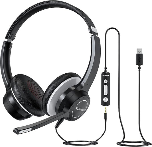 USB Headset with Microphone, 3.5mm Wired Computer Headsets with Noise Cancelling Microphone, Stereo Headphones with MIC for PC, in Line Controls, Work Headset for Skype Zoom Tablet Laptop