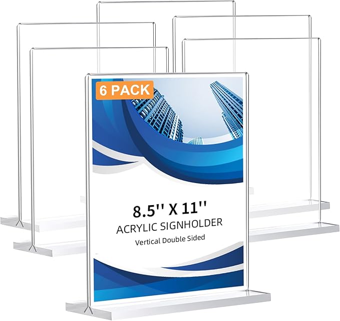 6 Pack Acrylic Sign Holder 8.5 x 11, Double-Sided Clear Sign Holder Plastic Stands for Display, T Shape Acrylic Table Sign Stands for Office Store Restaurants Wedding Party Decoration