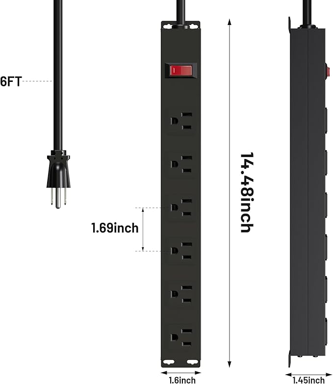 Power Strip with 6AC Outlets 6 Ft UL 14AWG Cord Straight Plug,Metal Wall Mount Heavy Duty Power Strip with Switch for Commercial,Industrial,School and Home,15A/125V/1875W,Black(6FT)