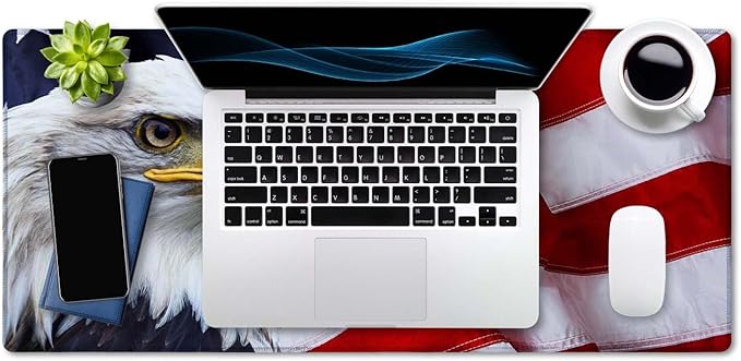 SSOIU Gaming Mouse Pad, Extended Mouse Pad, 35.5x15.7inch XXL Large Big Computer Keyboard Mouse Mat Desk Pad with Non-Slip Base and Stitched Edge for Home Office Gaming Work, Eagle on American Flag