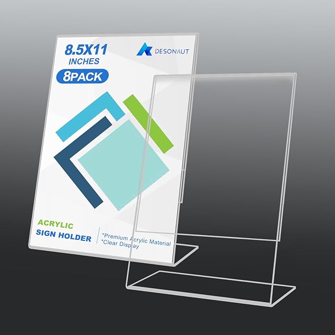 8 Pack Acrylic Sign Holder 8.5x11 inches, Plastic Clear Sign Holder with Vertical Slanted Back, Picture Photo Flyer Document Paper Frames Display Stand