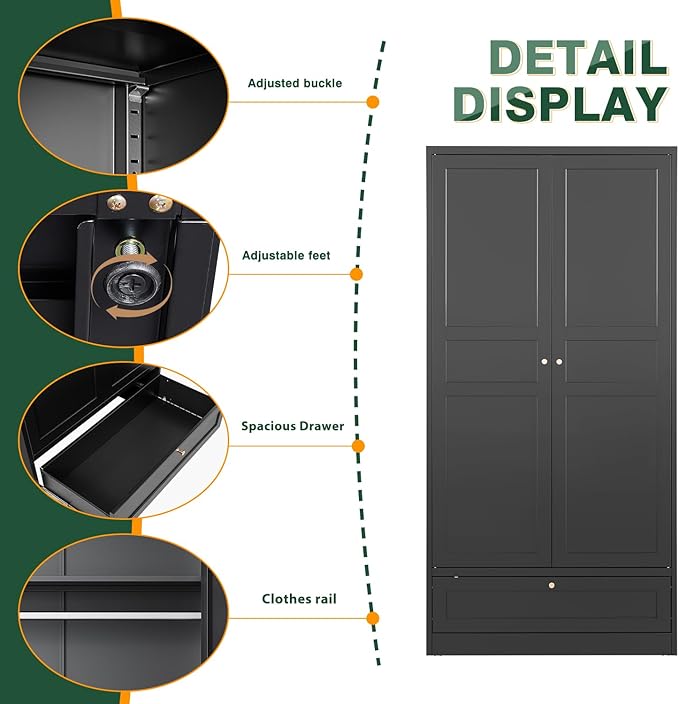 Letaya Wardrobe Closet,72" H Clothing Metal Storage Cabinet with Storage Drawer Adjustable Shelves and Hanging Rod,Bedroom Armoire Cabinet Clothes Organizer (Black)