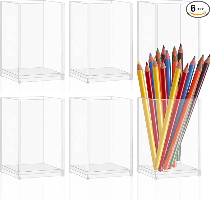 Acrylic Pen Holder,6 Pack Acrylic Pen Holder Clear Acrylic Pencil Pen Holder Cup Acrylic Pencil Cup Pencil Holder Clear Pen Holder Pencil Organizer Pen Holder Container for Office Desk Accessory