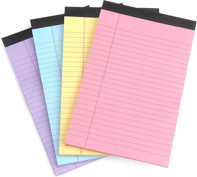 ZZTX Legal Pads Note Pads 5 x 8 Inch Lined Writing Pads, 50 Sheets Per Writing Pad, 4 Pack (Multicolor)