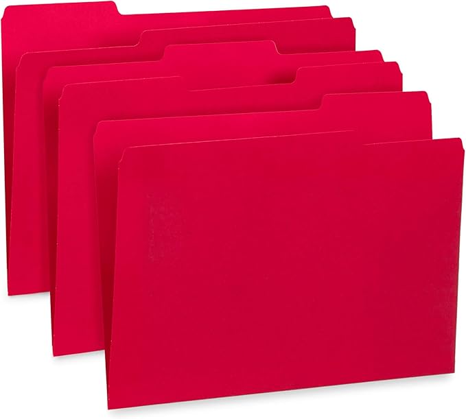 File Folder, 1/3 Cut Tab, Letter Size, Red, Great for Organizing and Easy File Storage, 100 Per Box