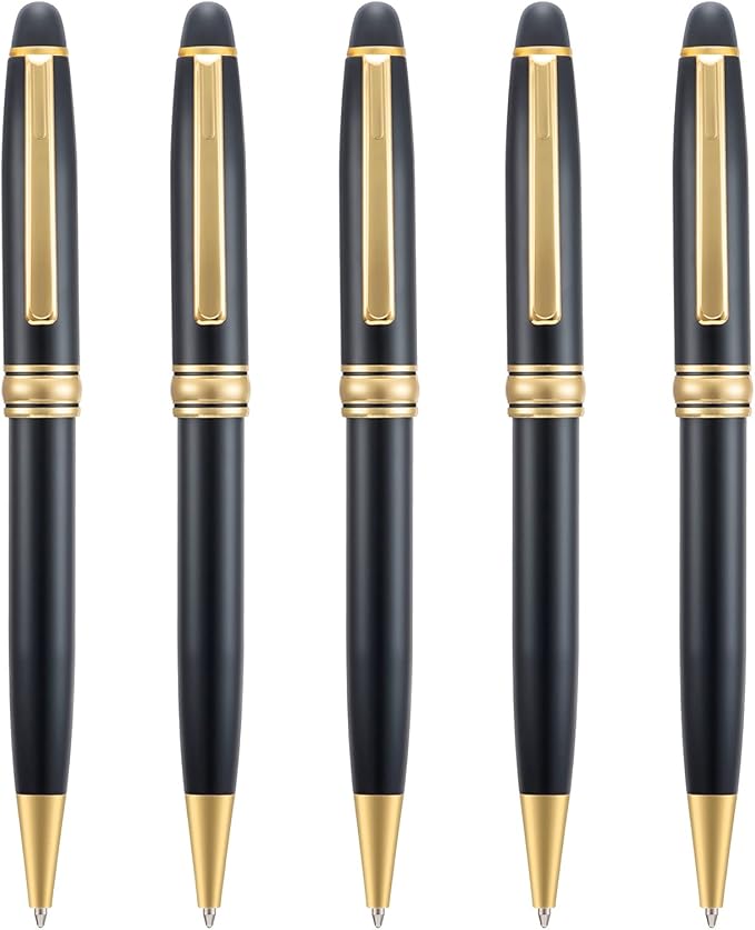 5 PCS Black Ballpoint Pens with Extra Refills Set, 1mm Medium Point Black Ink, Great Smooth Writing Metal Pen for Business Office Teacher Student Wedding Guest Gift (Gold Trim)