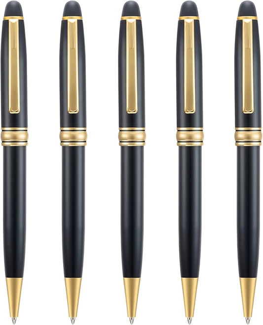 5 PCS Black Ballpoint Pens with Extra Refills Set, 1mm Medium Point Black Ink, Great Smooth Writing Metal Pen for Business Office Teacher Student Wedding Guest Gift (Gold Trim)