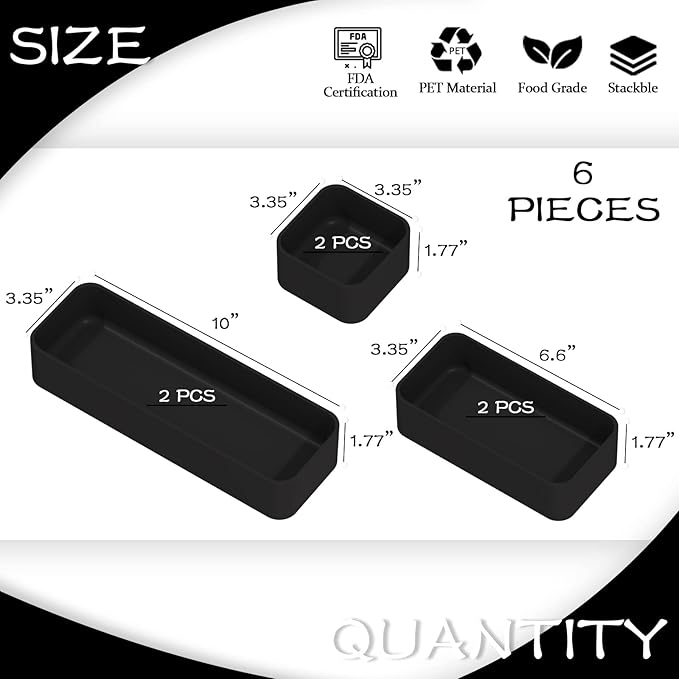 CHANCETSUI 6 PCS Stackable Drawer Organizers Set, Versatile Desk and Vanity Drawer Organizer Trays, Storage Bins for Makeup, Bathroom, Bedroom, Kitchen and Office, Black