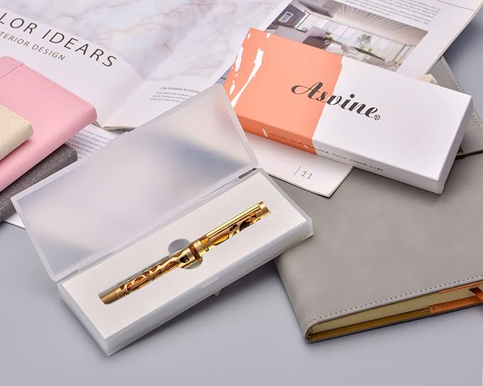 Asvine V169 Vacuum Filling Fountain Pen Medium Nib, Water Drop Skeleton Gold Trim Transparent Coffee Acrylic Pen Case Set