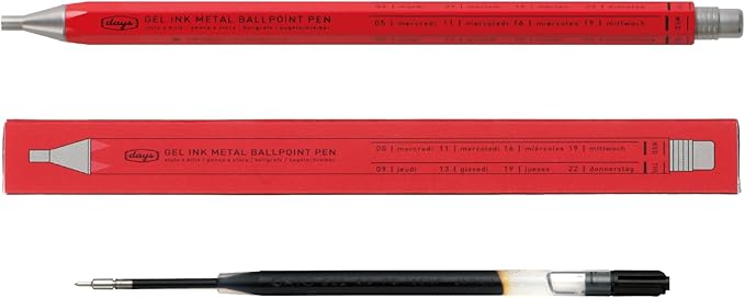 MARK'STYLE days, Gel Ink Metal Ballpoint Pen - 0.5mm Retractable Black Ink, Retro styling Light Weigh Pen, Made in Japan- Perfect for School, Office, and Journaling (Red)