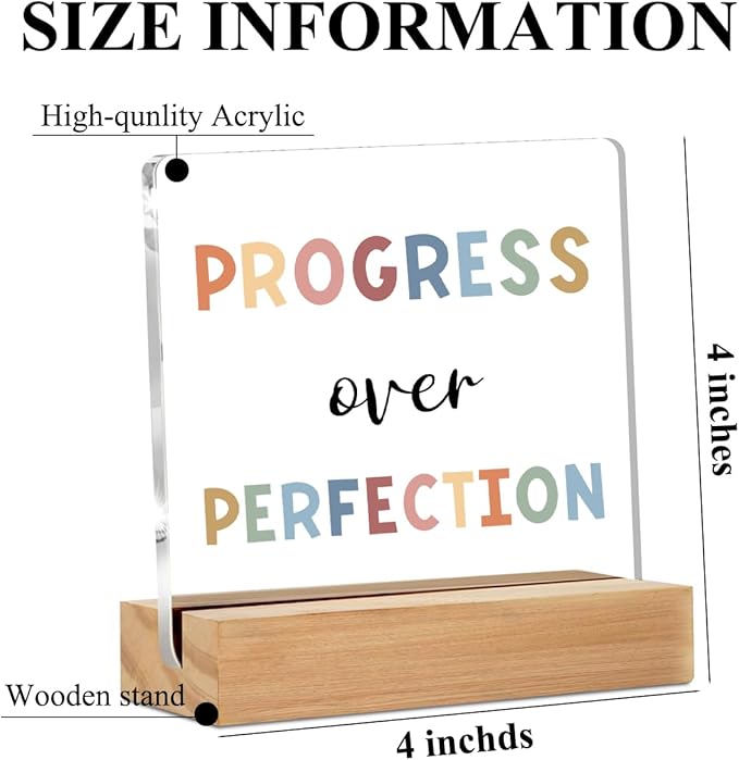 Christmas Thank You Gifts, Inspirational Desk Decor, Motivational Gifts Acrylic Sign - progress over perfection, Positive Affirmations Gifts for Teacher , Classroom Decorations Office Home Bedroom Decor