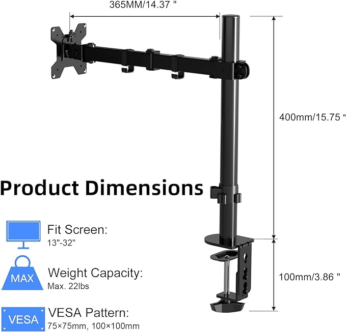 Pholiten Single Monitor Arm Desk Mount, Holds Screens up to 32 inch,Holds Up to 22lbs,Fully Adjustable Stand with C-Clamp and Grommet Base,100x100 Vesa Monitor Stand