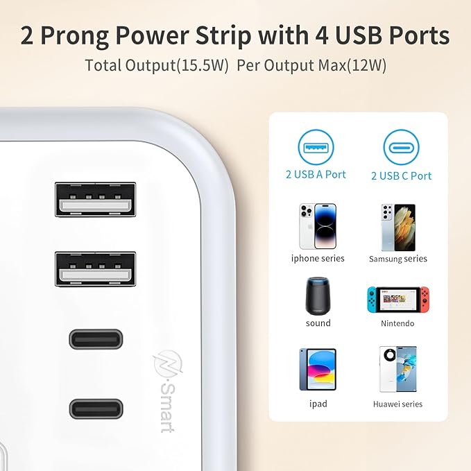 NTONPOWER Extension Cord 15 FT, 1875W Two Prong to Three Prong Outlet Adapter, 1080 Joules Surge Protector Power Strip, Rotating Plug 2 Prong Extension Cord with 4 USB Ports(2 USB C), for Old House