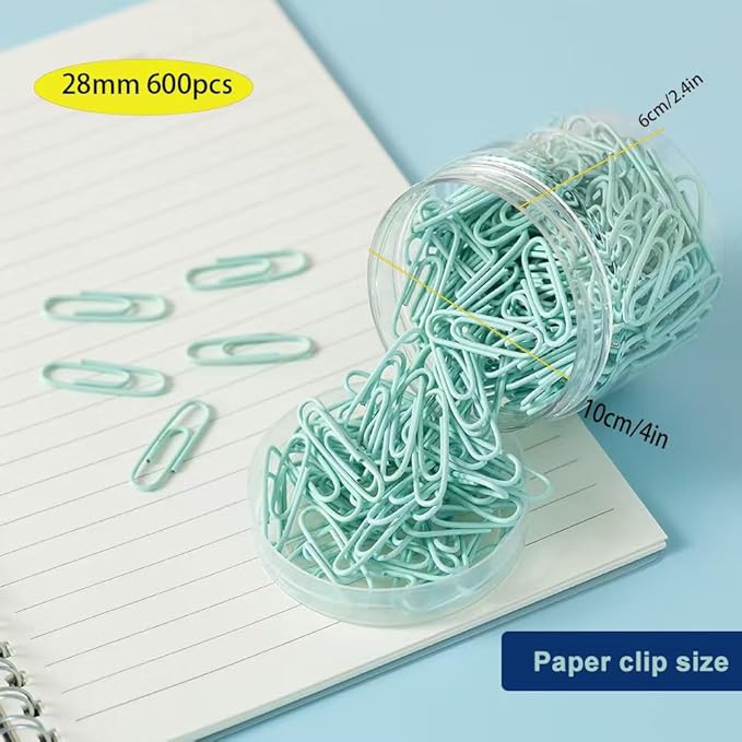 Macaron Colored Paper Clips, 1.1" Medium Paper Clip（28mm, 600pcs Paperclips for Office Supplies and Organization (Cyan)