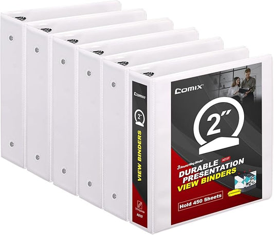 Comix Sturdy 2 inch Round Ring View Binder, 3 Ring Binder 2", PVC-Free, 450-Sheet Capacity, Fits 8.5" x 11" Letter Size Paper 6-Pack (White)