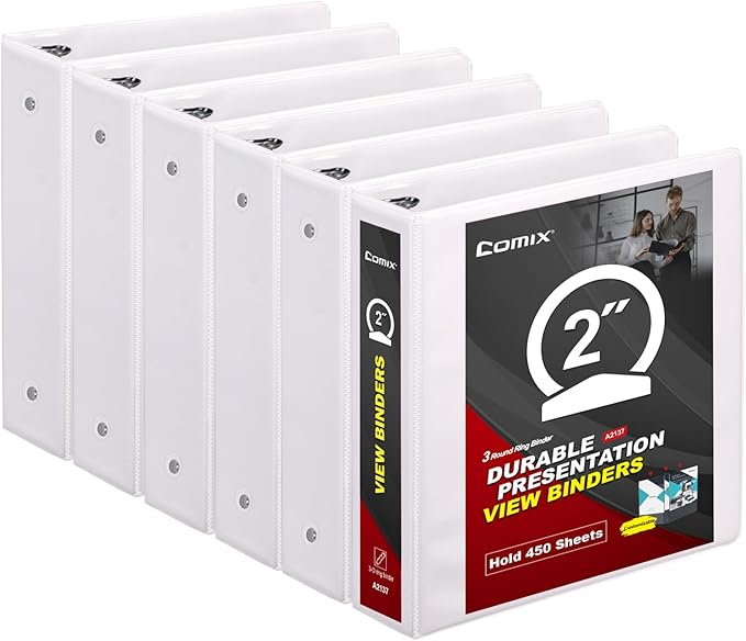 COMIX Sturdy 3 Ring Binder 2 inch with Clear View Cover, 2" Round Ring View Binder, PVC-Free, 450 Sheets Capacity of US Letter Size Paper, Office ＆ School Supplies, Pack of 6 (White)