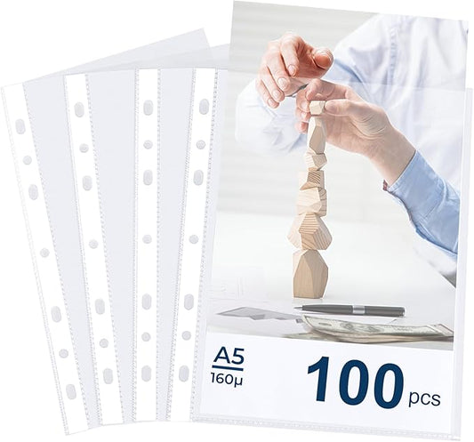 A5 Punched Pocket,100 Sheet Protector Binder Sleeves,160 Micron Plastic Folder Protectors,Strong Binder Pocket Paper File Letter 7 Hole Clear Page Protectors Plastic Cover for Paper,Documents,Photos