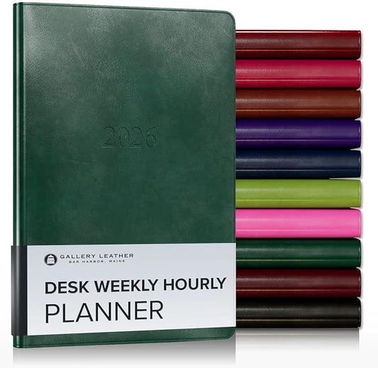 Gallery Leather Desk Hourly Weekly Monthly Planner 2025-2026, Elegantly Bound Calendar Planner and Notebook with Stylish Gold-Gilded Page Edges, 12 Months - Acadia Green - 8 x 5.5 "