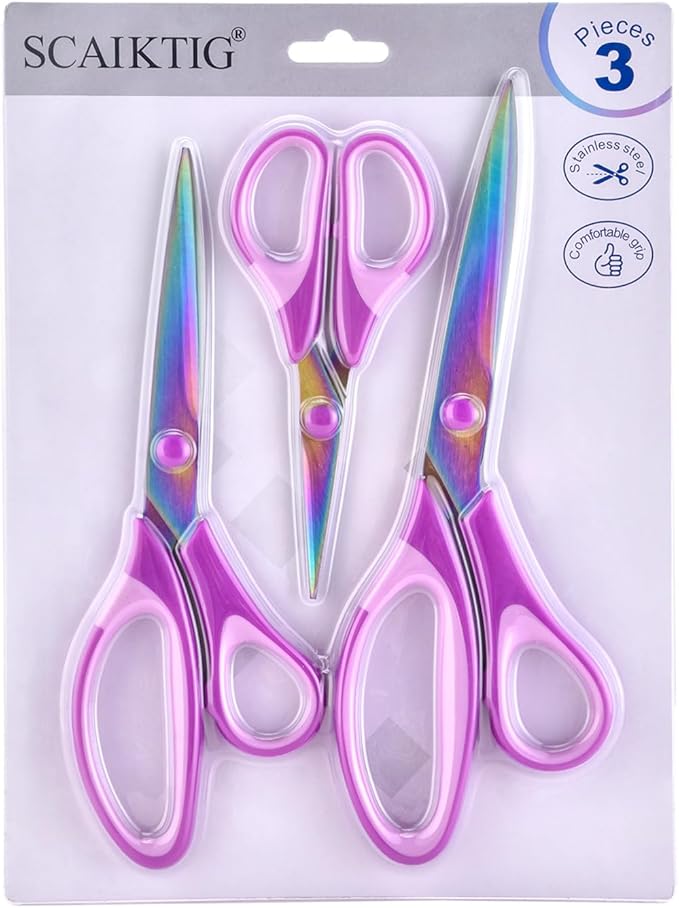 Craft Scissors Set of 3 Pack, All Purpose Sharp Titanium Blades Shears, Comfort Grip Handle, Multipurpose Fabric Scissors Tool Great for Adults, Office, Sewing, School and Home Supplies, Purple