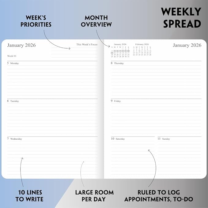 2025-2026 Planner - Weekly and Monthly Planner, Oct 2025 - Dec 2026, Vegan Leather Cover, Elastic Closure, 7”x9.25”, Grey