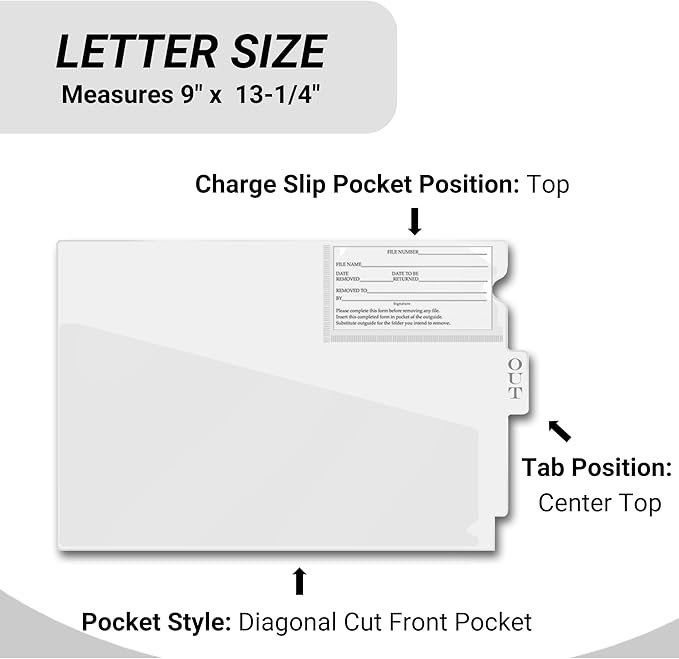 Doctor Stuff - Center Tab Vinyl Outguides, Diagonal Cut Front Pocket, Top Charge Out Slip Pocket, Plastic File Folder, Letter Size 9" x 13-1/4", Frosty Clear, 25/Box