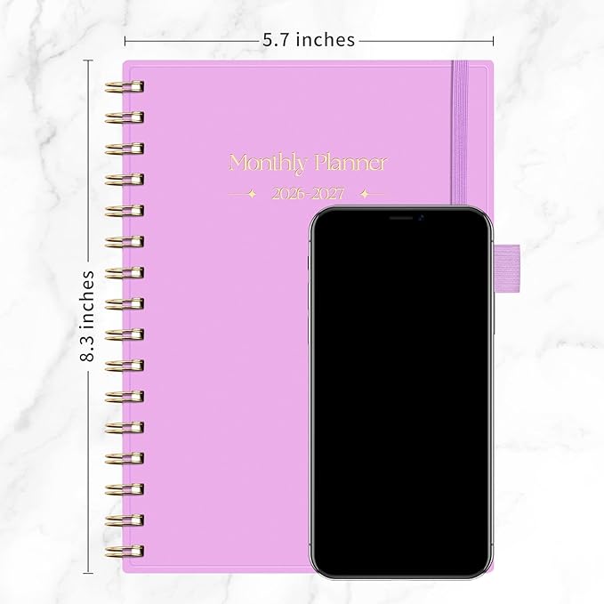 RETTACY 2026-2027 Monthly Planner, Jan 2026 - Dec 2027, Medium Size (5.7" x 8.3"), Agenda, Calendar, 24 Month Tabs, Flexible Plastic Cover, 100 GSM Thick Paper, Spiral-bound (Lilac)