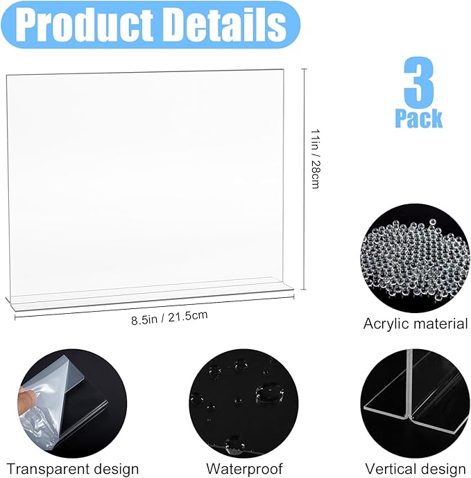 3 Pack Acrylic Sign Holder 8.5x11 Inches,Horizontal T Shape Clear Sign Holder,Double Sided Clear Frames,Plastic Paper Flyer Display Holders,Menu Table Stand for Office,Store,Restaurant