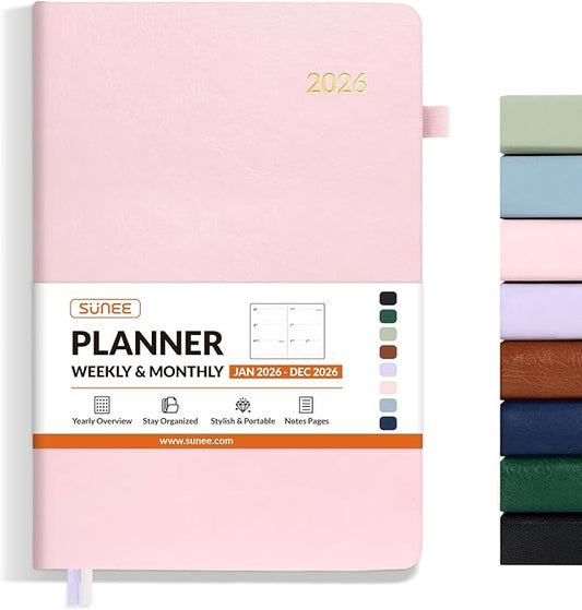 SUNEE 2026 Weekly & Monthly Hardcover Planner 5.5" x 8.3" - 12 Month (January 2026 - December 2026), Small Hardcover Planner, Pocket, Notes, 100 GSM Paper, Pink