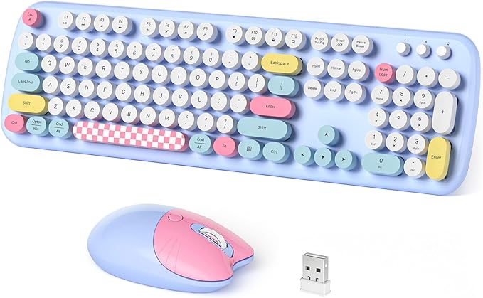 Wireless Keyboard and Mouse Combo, Full-Sized Typewriter Keyboards, Cute Cat Shaped Wireless Mouse, USB Plug and Play for Windows, Computer, PC, Laptop, Desktop (Blue Colorful)