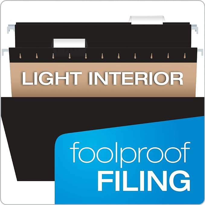 Pendaflex Black Hanging File Folders, 8.5 X 11 Letter Size with 1/5 Cut Adjustable Tabs - 50 Pack