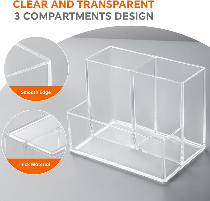 Pen Holder for Desk, Clear Acrylic Pencil Holder for Desk, Marker Holder with 3 Compartments, Pencil Organizer for Home, Office, Classroom, Bathroom