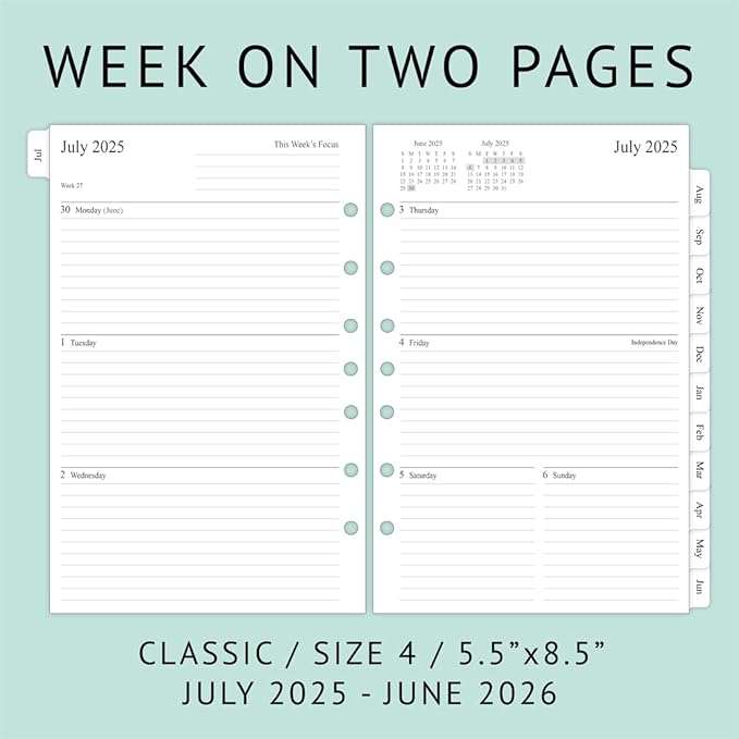 newestor 2025-2026 Planner Refill for Mini Binder, Weekly & Monthly, July 2025 - June 2026, 5-1/2" x 8-1/2", Desk Size 4, 7 Holes