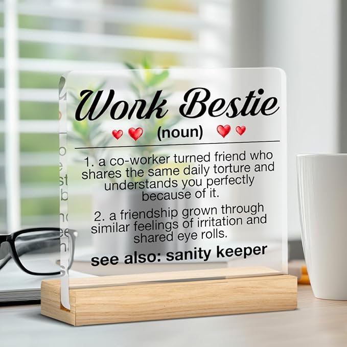 Work Besties Gifts for Women, Work Bestie Gifts for Retirement Leaving Going Away New Job, Work Bestie Definition Acrylic Desk Sign Decor