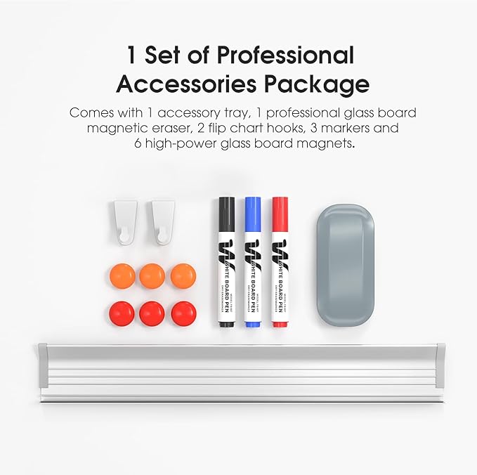 MaxGear Glass White Board 48x36 Inches Brilliance White Magnetic Dry Erase Board Wall Mounted Whiteboard, Large Frameless Whiteboard with 1 Eraser,3 Markers and 6 Magnets for Office, School, Home